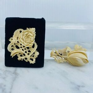 Antique Victorian 2 intricately hand carved pierced 3 dimensional flowers.